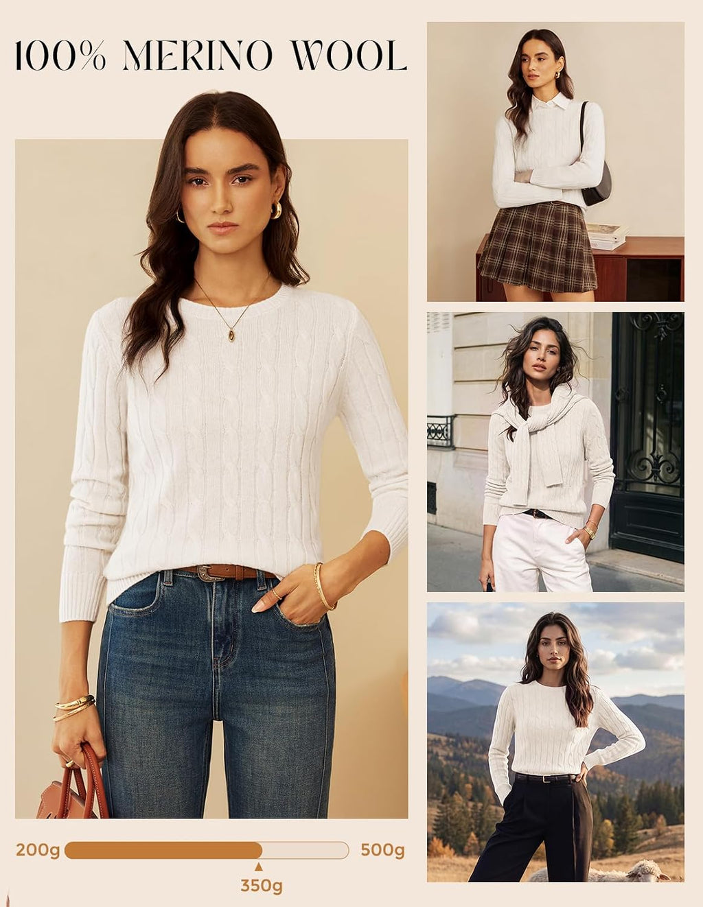 GRACE KARIN Women 100% Merino Wool Sweater Cable Crewneck Pullover Sweaters