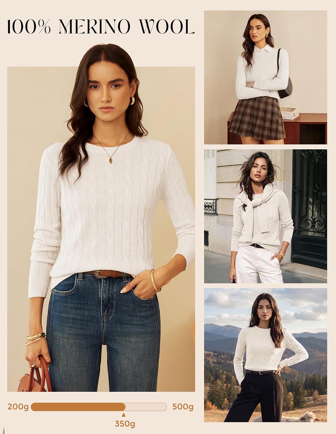 GRACE KARIN Women 100% Merino Wool Sweater Cable Crewneck Pullover Sweaters