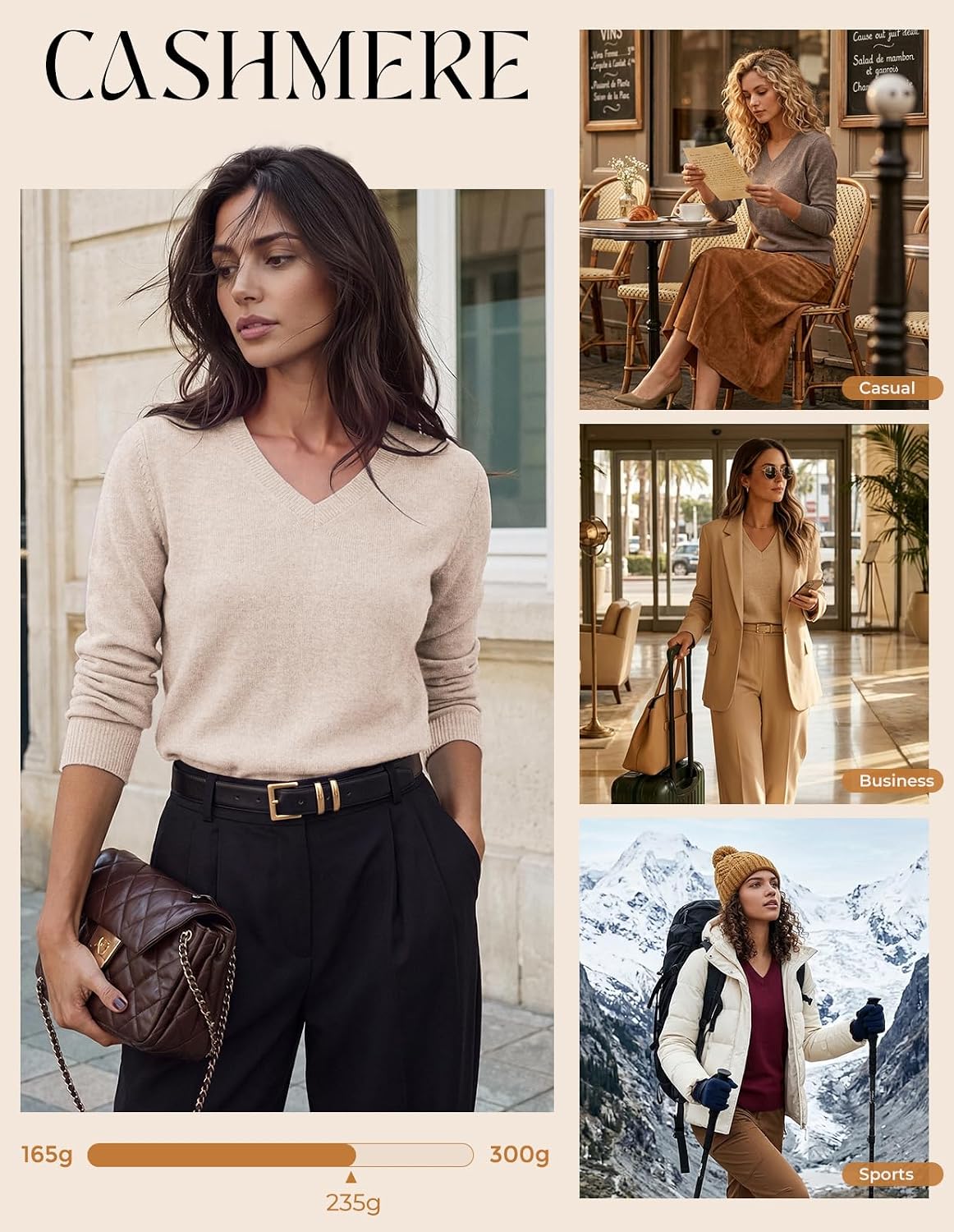 GRACE KARIN Cashmere Sweaters for Women V Neck Merino Wool Fall Sweater