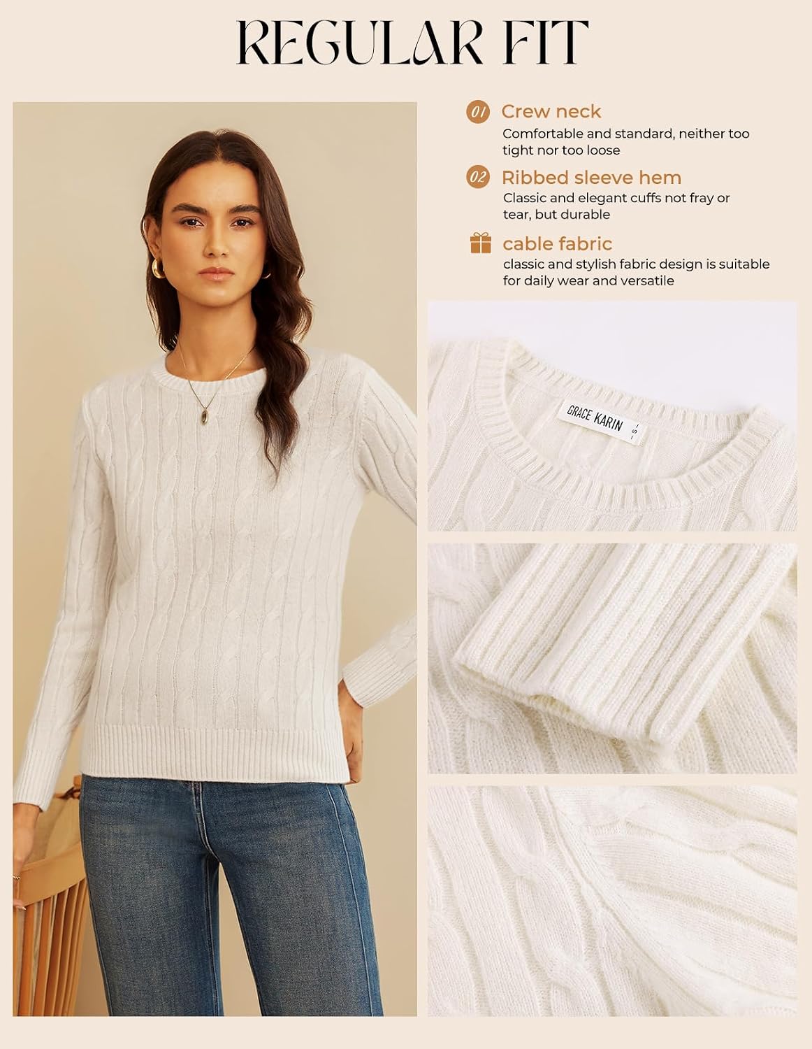 GRACE KARIN Women 100% Merino Wool Sweater Cable Crewneck Pullover Sweaters